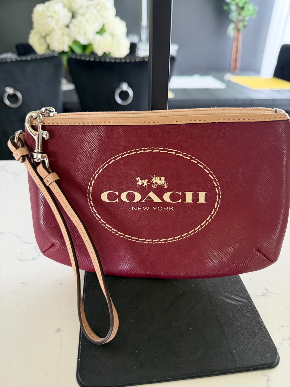 Coach Wristlet in Maroon with Tan Trim